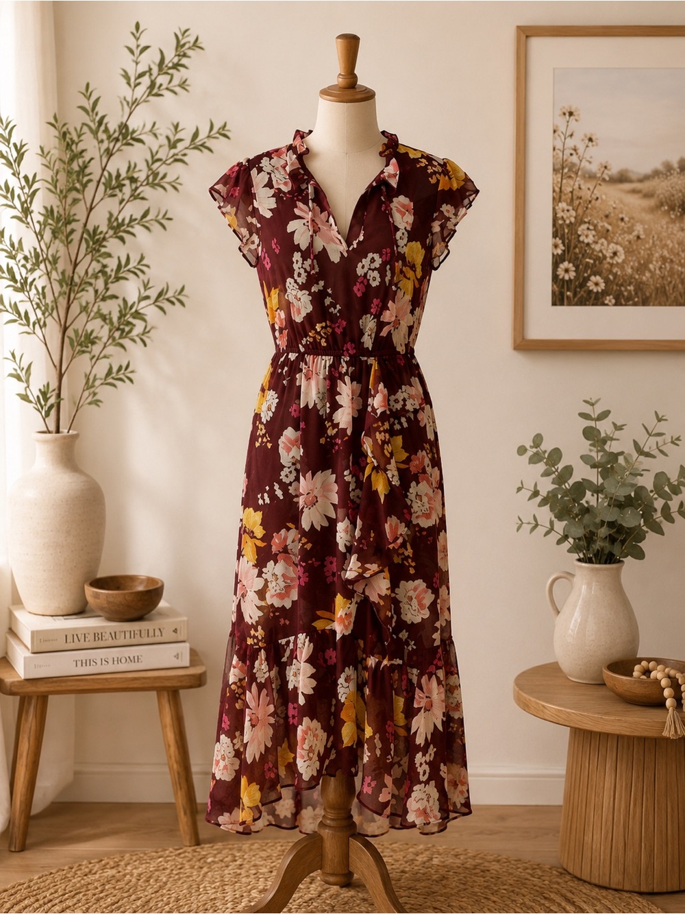 Soaked in Luxury Burgundy Floral Ruffle Midi Dress Size Small